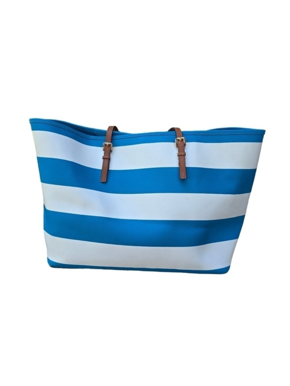 Michael Kors Blue/White Saffiano Leather Stripe Travel Tote Jet Set - Picture 5 of 12